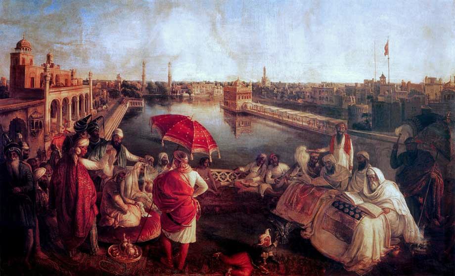 Maharaja Ranjit Singh at Golden Temple, Amritsar, India; listening to hymns from Guru Granth Sahib. 